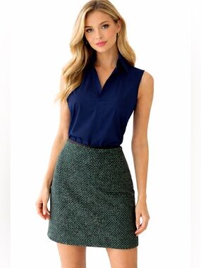 J. McLaughlin Tweed Mini Skirt Green Navy Textured A-Line Classic Preppy Chic